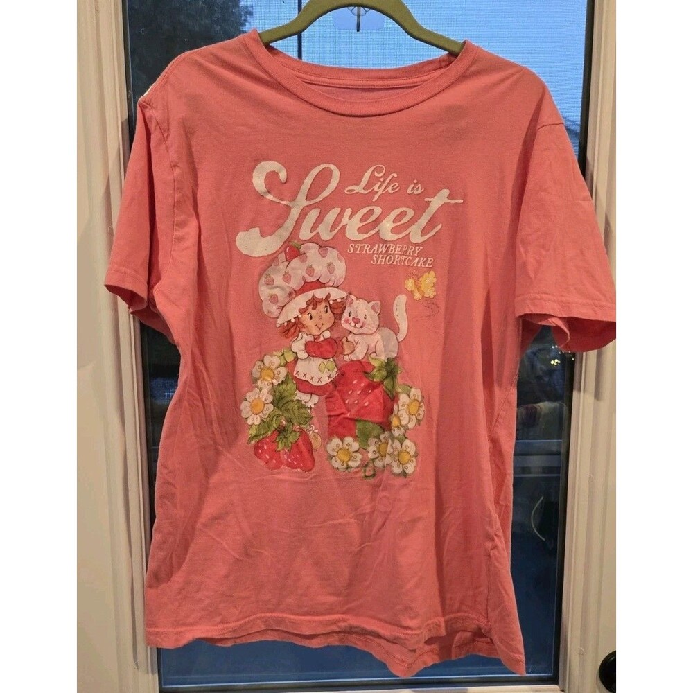 Strawberry Shortcake Women's T-shirt Short Sleeve Size XL Pink Cotton Glitter